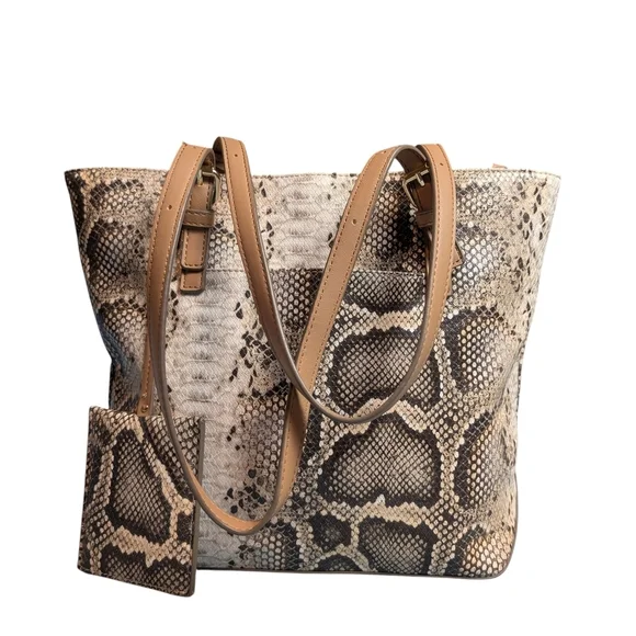 Anne Klein Snakeskin Pattern Tote Bag Matching Attached Keytag ID Tag Tan Straps - Picture 14 of 14